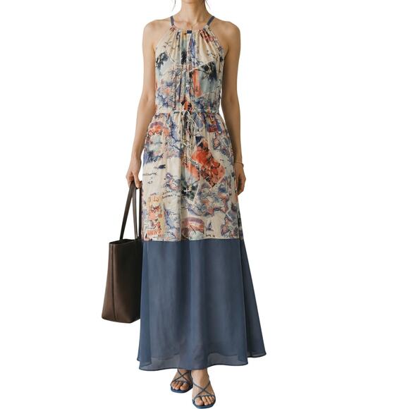 Peter Som Dresses & Skirts - Postcard Print Halter Maxi Dress Sheer Chiffon Hem Tie Neck Womens Small